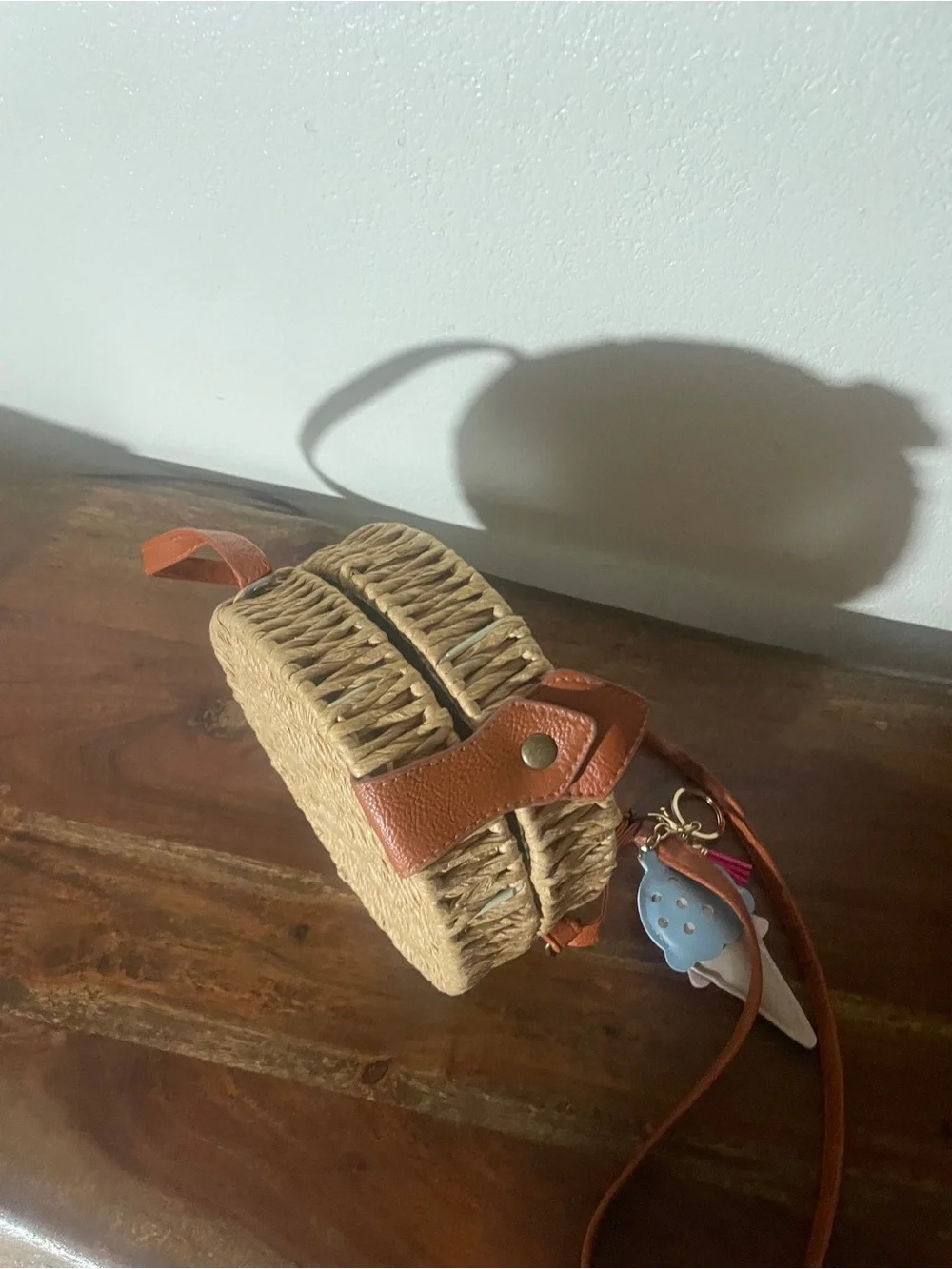 Round Woven Straw Crossbody Bag | Boho Summer Rattan Purse + Ice Cream Charm